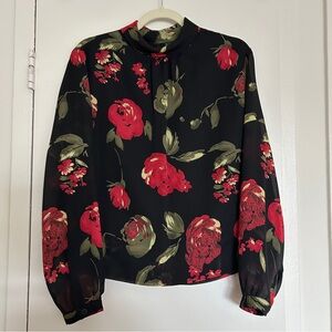 Harve Benard Black Floral Blouse Top with Collar Elegant Professional (Size 12)
